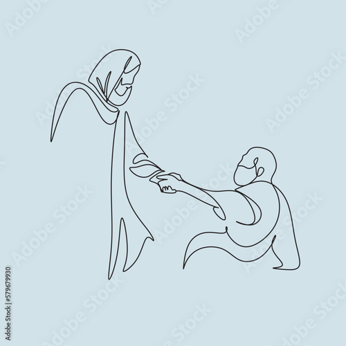 Continuous line drawing of Jesus Christ , linear style and Hand drawn Bible Christian scene of son of God with people and kids. Easter illustration