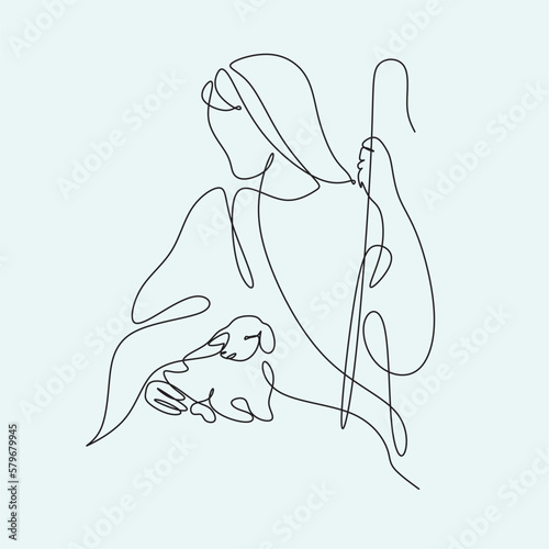 Continuous line drawing of Jesus Christ , linear style and Hand drawn Bible Christian scene of son of God with people and kids. Easter illustration