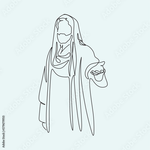 Continuous line drawing of Jesus Christ , linear style and Hand drawn Bible Christian scene of son of God with people and kids. Easter illustration