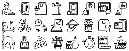 Line icons about food delivery on transparent background with editable stroke.