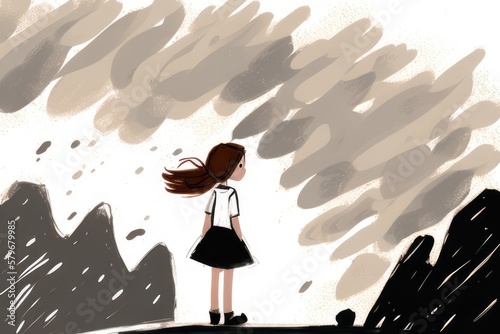 young girl stands at the edge of a cliff overlooking a canyon, watching as a dust storm sweeps through the landscape below, concept, AI generation.