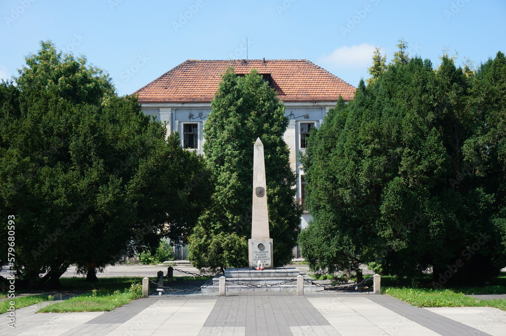 Square of Constitution of 3rd May (Plac Konstytucji 3 Maja), Obelisk. Czeladz, Poland - obrazy, fototapety, plakaty 