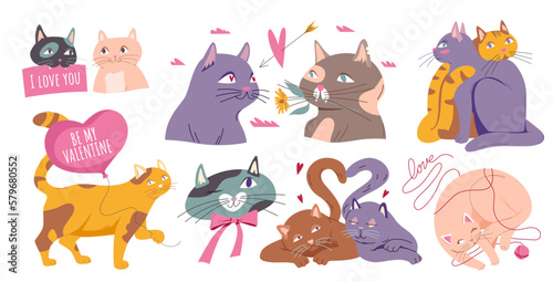 Cute cats in love set vector illustration. Cartoon funny animal characters sitting or lying together with tails in shape of hearts, holding sign I love you or flower for Valentines Day greeting card
