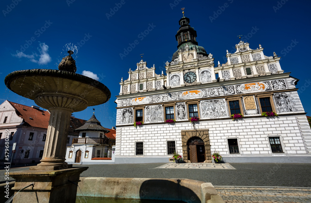 Fototapeta premium Historic town hall building on Stribro city square, Czech Republic