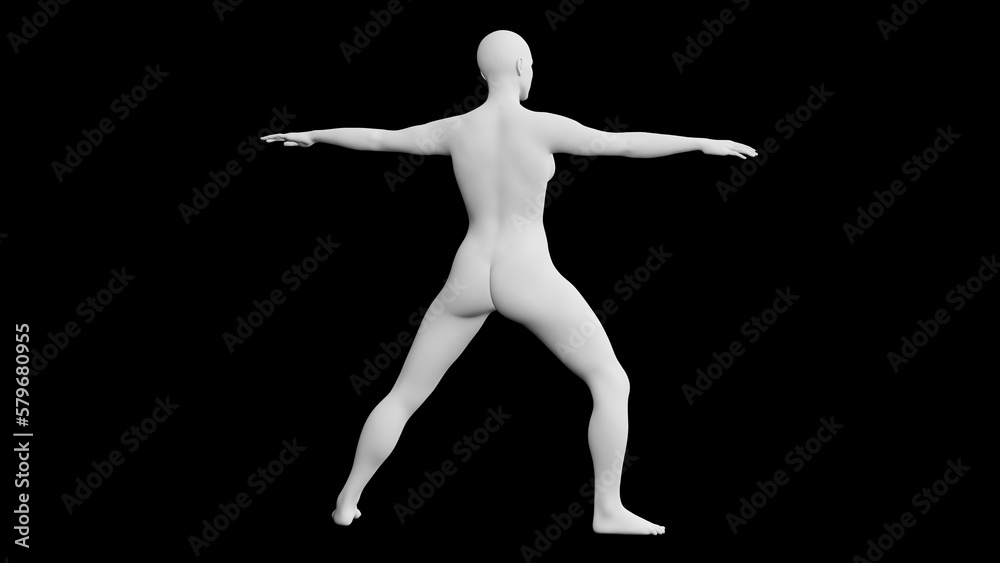 Beautiful athletic young woman posing isolated on black - 3d illustration, rendering. Viewed from back