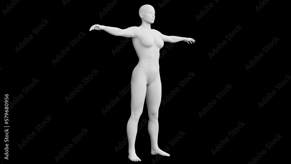 Beautiful athletic young woman posing isolated on black - 3d illustration, rendering. Side view Beautiful athletic young woman posing isolated on black - 3d illustration, rendering. Side view