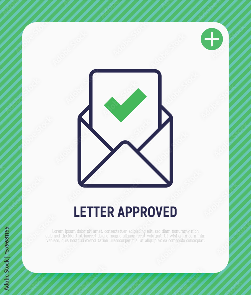 Letter approved thin line icon: envelope with paper sheet with check mark. Modern vector illustration. Letter approved thin line icon: envelope with paper sheet with check mark. Modern vector illustration.