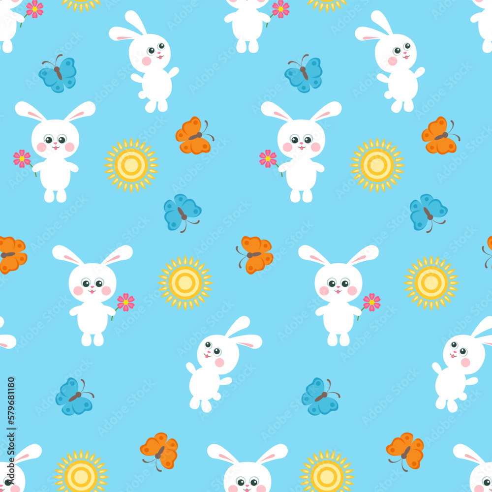 Fototapeta premium Children's background. Cute white bunnies, sun, flowers and butterflies on blue. Funny animals seamless pattern. Vector cartoon flat illustration.