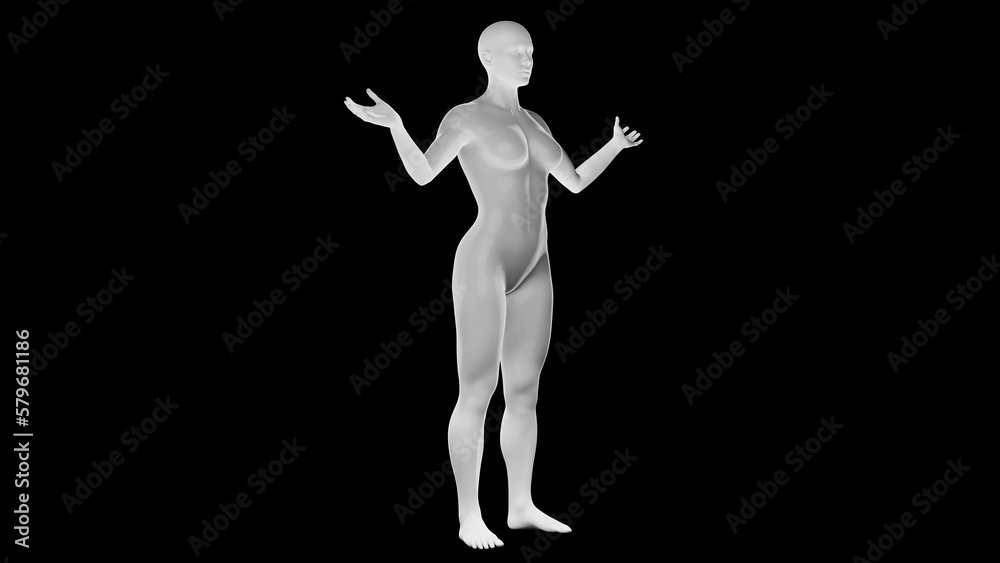 Beautiful athletic young woman posing isolated on black - 3d illustration, rendering. Side view