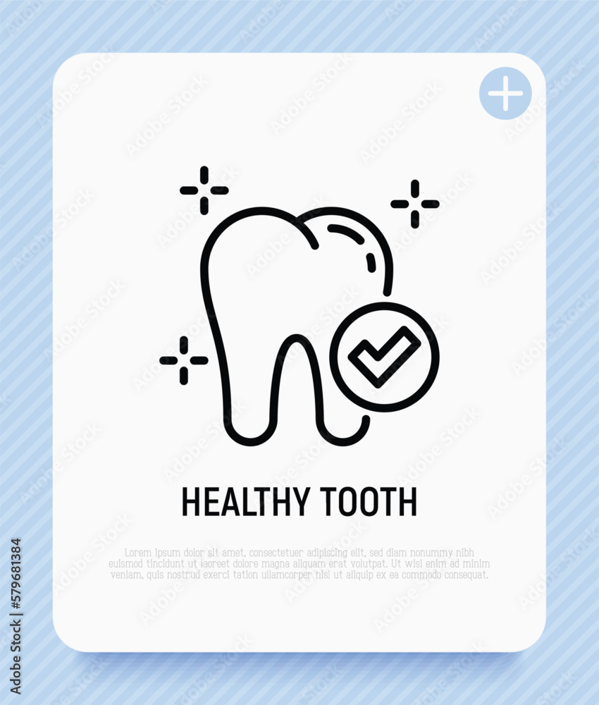Healthy tooth thin line icon: tooth with check mark. Preventive dentistry. Dental care. Vector illustration.