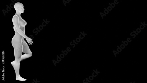 Beautiful athletic young woman posing isolated on black - 3d illustration, rendering. Side view photo