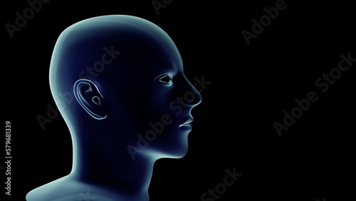 Human head (young male) glowing isolated on black. 3d illustration, rendering