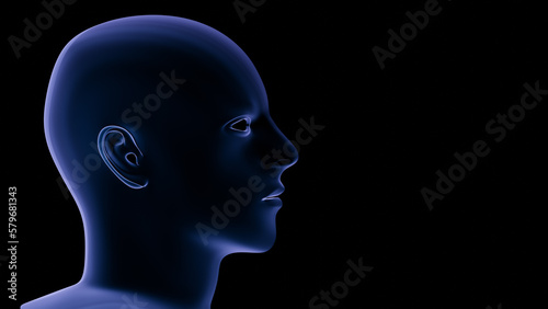 Human head (young male) glowing isolated on black. 3d illustration, rendering