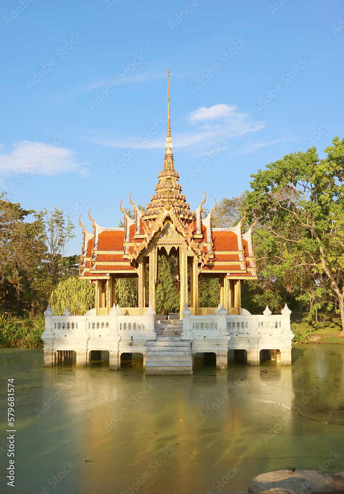 Gorgeous Thai Ancient Style Pavilion on the Pond of Suanluang King Rama IX Park, Bangkok, Thailand