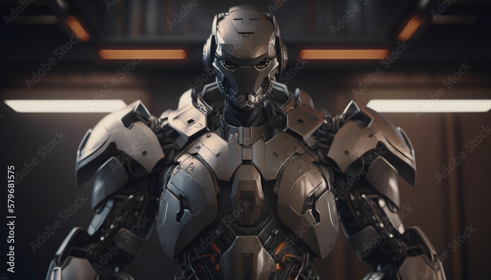 Fototapeta premium Evil robot front-facing soldier standing. Generative AI.