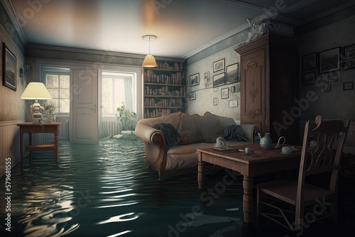 Flooded living room. Generative AI.