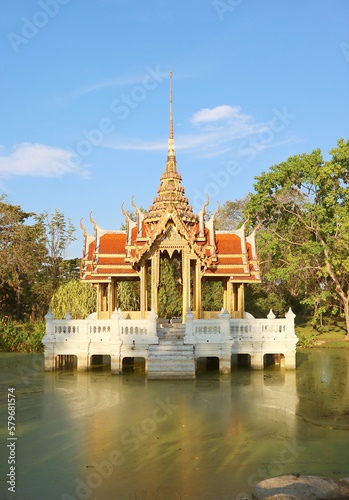 Gorgeous Thai Ancient Style Pavilion on the Pond of Suanluang King Rama IX Park, Bangkok, Thailand