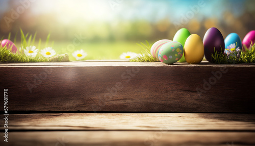 Easter product display table with easter eggs and spring meadow. Generative ai