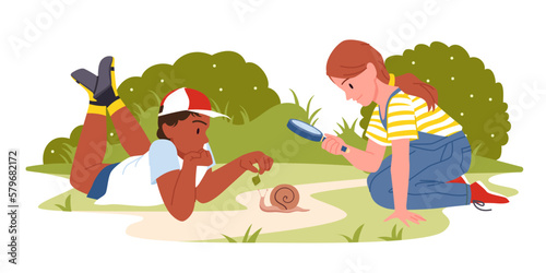Cartoon curious boy with green leaf, girl holding magnifier to watch snail, observe world in outdoor adventure. Kids explore nature with magnifying glass in summer garden or park vector illustration