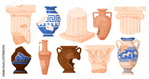 Ancient Roman and Greek columns and amphoras set vector illustration. Cartoon broken ceramic vases and clay jar for wine with old traditional pattern, classic temple pillars with carving and cracks
