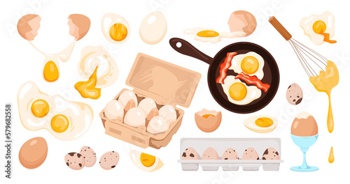 Eggs set vector illustration. Cartoon whole and broken farm chicken and quail eggs, boiled and fried for breakfast, split yolk and protein for cooking, brown cardboard or plastic box for storage