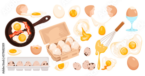 Foto Cartoon whole fresh or boiled egg in shell or peeled, cut in half and quarter, fried with yolk flowing out and whipped with whisk, farm product in box and container