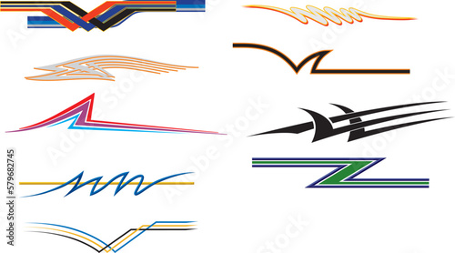 Colorful decals for car, motorcycle, boats, racing vehicle. Vinyl sticker set. Vector illustration. Template design sticker