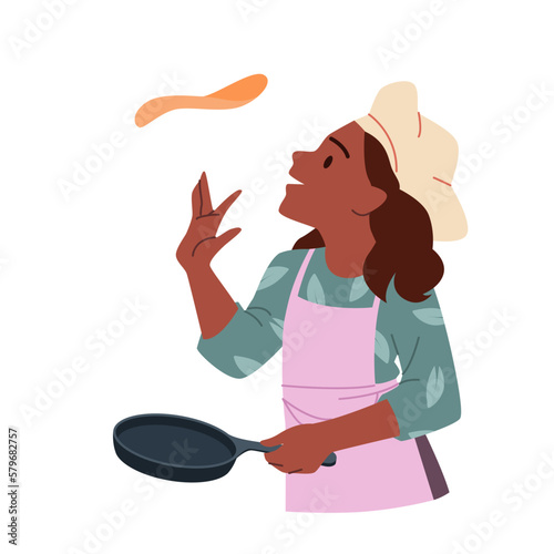 Girl flipping pancake in pan vector illustration. Cartoon funny woman in chefs apron and hat frying and tossing hot crepe on skillet, cooking breakfast food or gourmet dessert in home kitchen