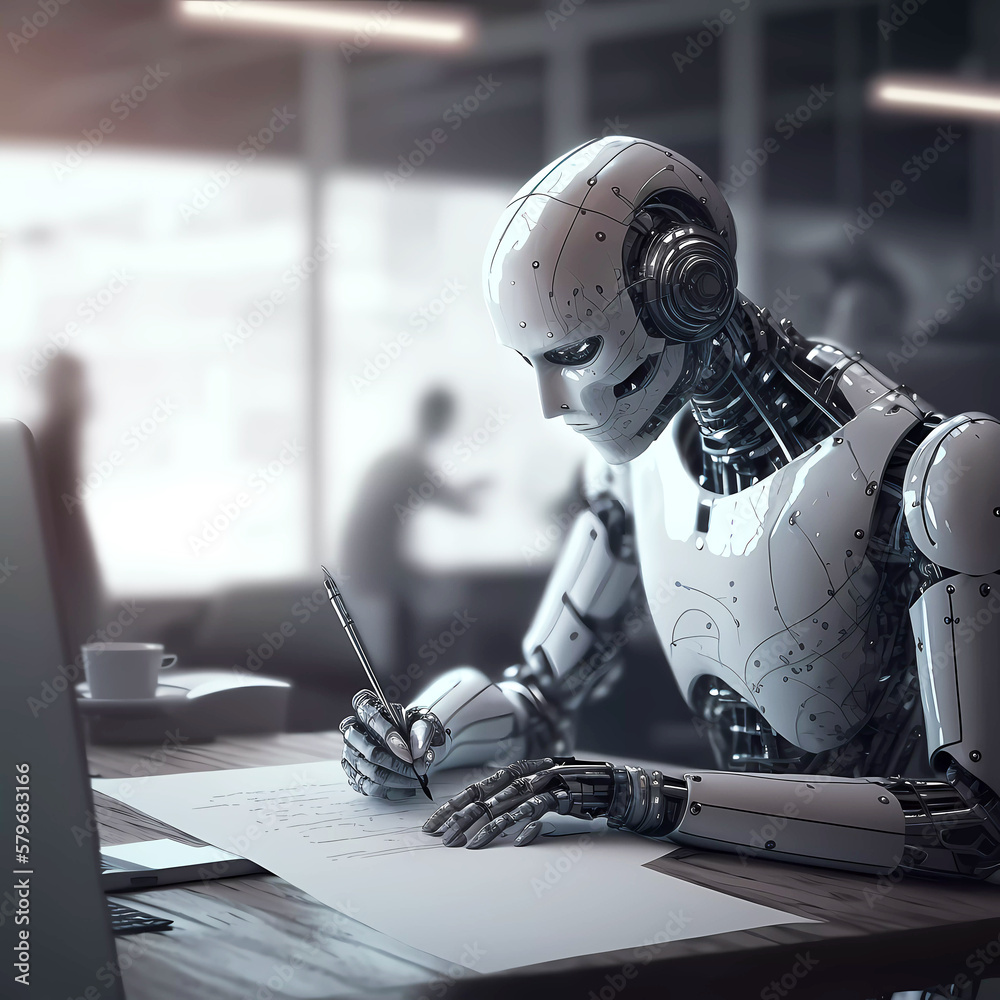 A humanoid robot works in an office. Robot humanoid office worker. sits ...