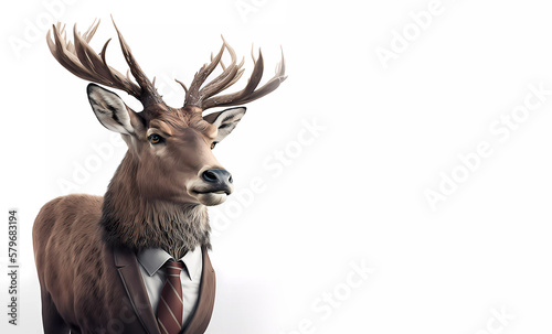Deer with big antlers in a tie and jacket on a white isolated background.banner. generative AI