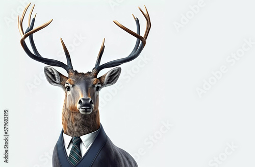 Deer with horns in a suit on a white isolated background.banner. generative AI © Olena Dziuba