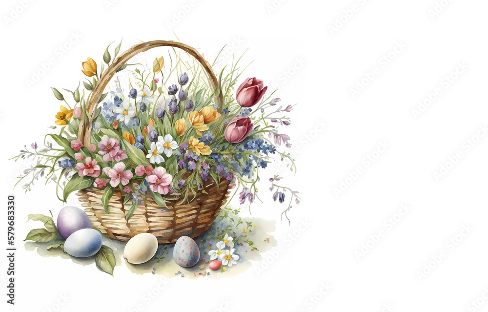 Easter composition. Easter basket with eggs and flowers on a white background. Banner. copy space. generative ai