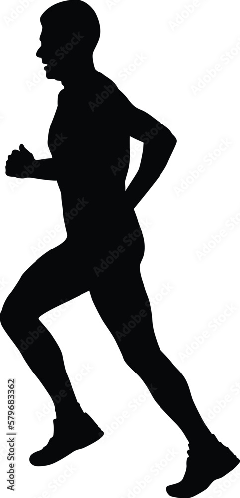 male middle-aged runner running race black silhouette on white background, vector illustration