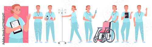 Cartoon young woman in medic uniform, professional female hospital worker holding wheelchair, syringe and medical dropper, crossing arms. Nurse characters gestures and poses set vector illustration