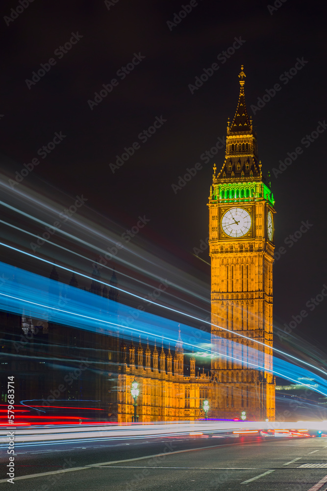 Elizabeth Tower with Big Ben at night. The most famous clock tower in the world. British Parliament headquarters in Westminster, London