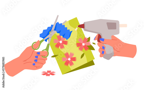Scrapbooking, art handicraft hobby vector illustration. Cartoon hand holding scissors and gun with glue to make decoration for craft paper card with flowers or scrapbook on handicraft workshop