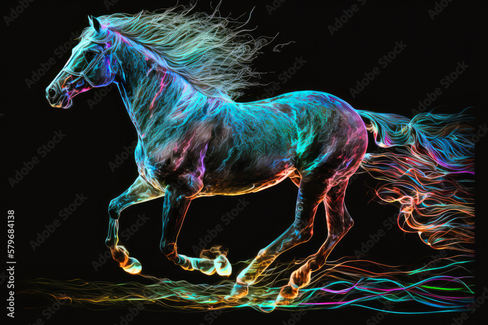 Colorful horse running on black background. Generative AI.