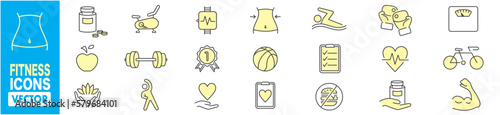 Fitness, Diet, Sport, Yoga, Gym, Cardio, Health and Running thin line icons set vector