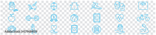 Fitness, Diet, Sport, Yoga, Gym, Cardio, Health and Running thin line icons set vector