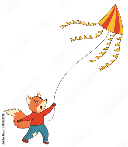 Cute cartoon fox with a kite isolated