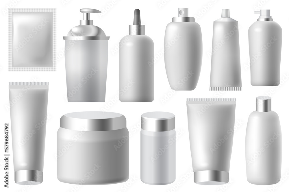 Realistic, 3D rendering, makeup, skin and body care containers mockup set. Cream, tubes, lotion, dropper, balsam, gel, spray plastic bottles and containers with metallic top. Beauty and health care. Realistic, 3D rendering, makeup, skin and body care containers mockup set. Cream, tubes, lotion, dropper, balsam, gel, spray plastic bottles and containers with metallic top. Beauty and health care.