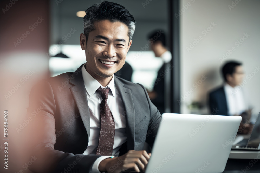 Smiling Middle-Aged Businessman in Gray Suit with Dark Red Tie in Office with Foreground Bokeh Smiling Middle-Aged Businessman in Gray Suit with Dark Red Tie in Office with Foreground Bokeh