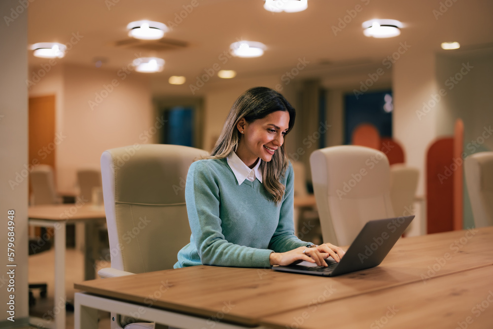 Happy businesswoman working over the laptop, sitting in the meeting room. Happy businesswoman working over the laptop, sitting in the meeting room.