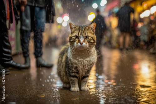 Cat is standing in the rain on crowded street. Generative AI.