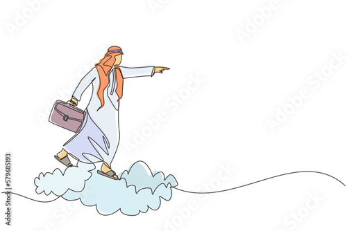 Single continuous line drawing Arab businessman holding briefcase ride cloud, pointing forward, go to future, business concept. Man on cloud way to success. One line graphic design vector illustration