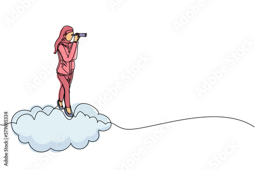 Single continuous line drawing Arab businesswoman riding high cloud holding telescope or binocular to search for business visionary. Leadership vision company strategy. One line graphic design vector