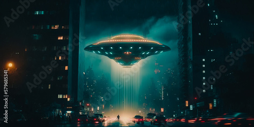 An alien spaceship flying over city at night. Generative AI.