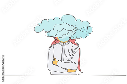 Continuous one line drawing cloud head businessman. Arab man with empty head and cloud instead. Distracted, daydreaming, absent and impractical concept. Single line design vector graphic illustration