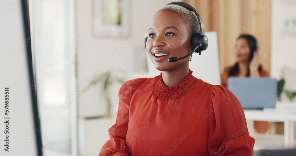 Contact us, call center and crm, black woman at computer in office, customer service agent with headset and smile. Help desk, telemarketing or sales consultant, happy advisory support and consulting. - obrazy, fototapety, plakaty 
