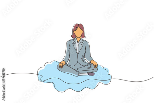 Continuous one line drawing office worker or businesswoman relaxes, meditates in lotus position on clouds. Cheerful woman relaxing with yoga or meditation pose. Single line draw design vector graphic